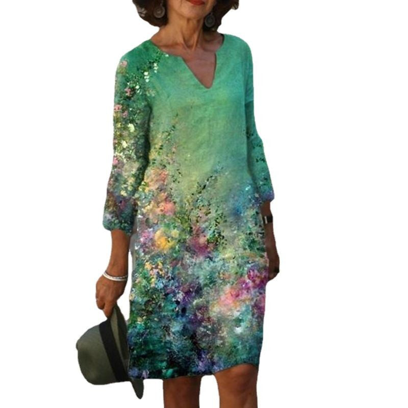 Damen Sommerkleid mit V-Ausschnitt und buntem Grafikdesign Drune