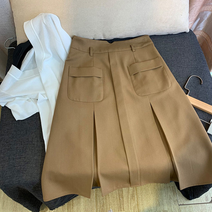 Damen Taillenhoher A‑Linien‑Midirock mit aufgesetzten Pattentaschen und Kellerfalten Drune