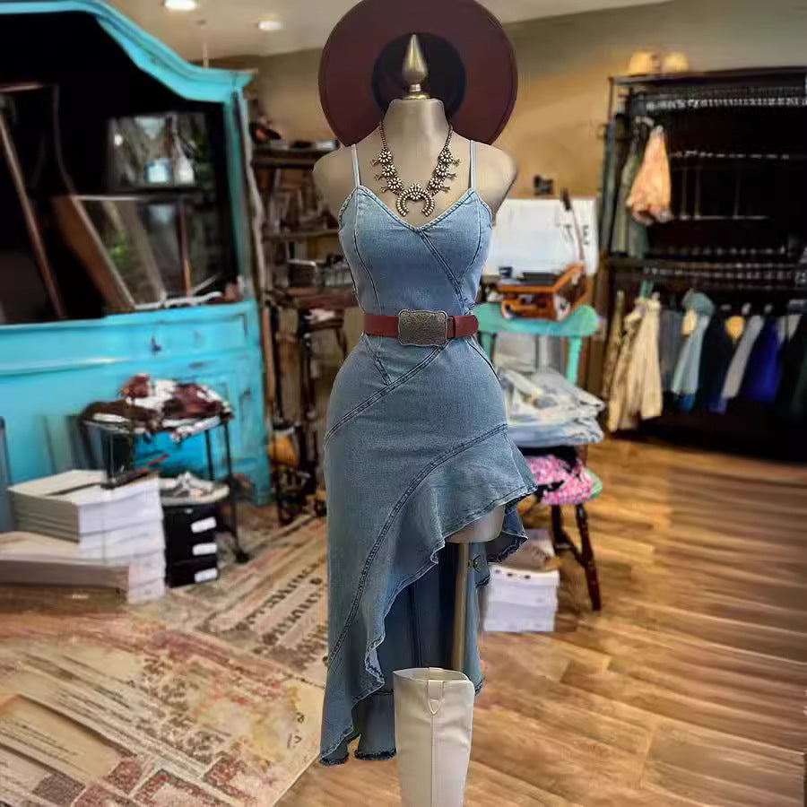 Drune | Rüschensaum Denim Split Kleid