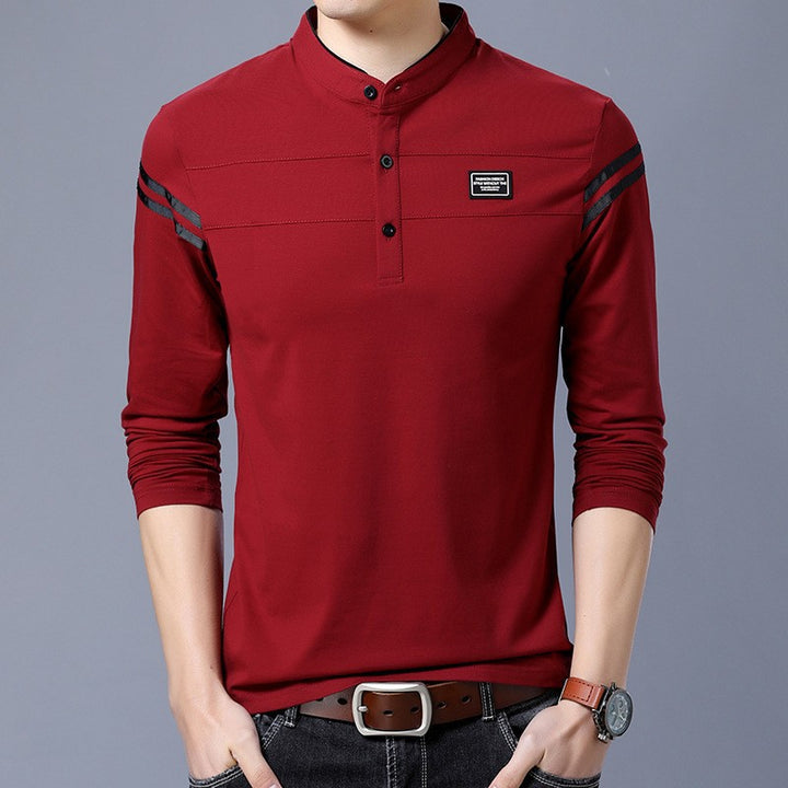 Herren Slim-Fit Langarm-Henley mit Stehkragen und Schulterstreifen Drune