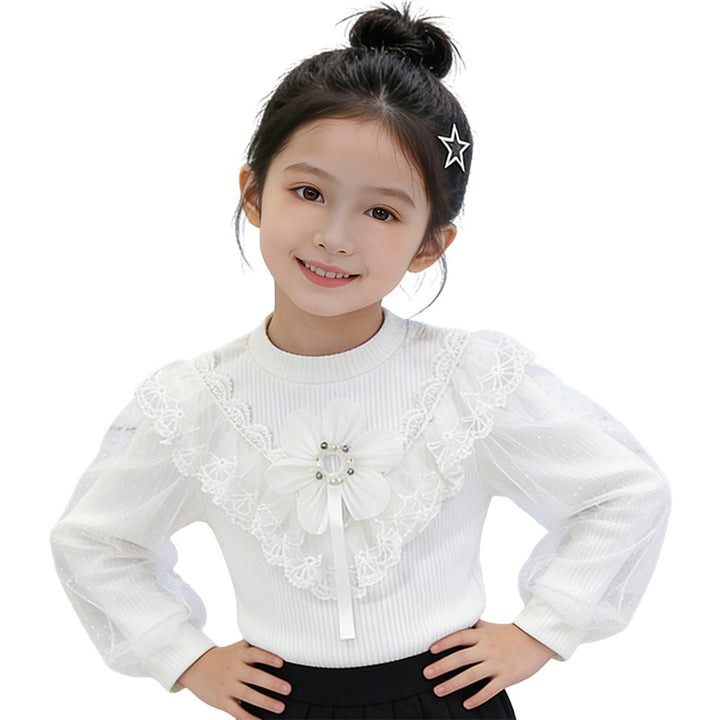 Mädchen elegante Bluse mit floralen Applikationen und transparenter Spitze Drune
