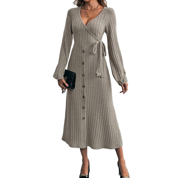 Damen Geripptes Wickel-Midikleid mit V-Ausschnitt, Ballonärmeln & Knopfleiste Drune