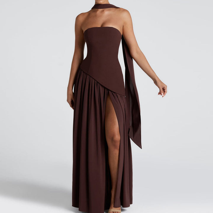 Damen Maxi-Kleid mit elegantem schulterfreiem Design und asymmetrischem Schnitt Drune