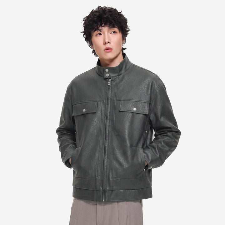 Herren Lederjacke im Fieldstil mit Stehkragen, Brustklappen und Reißverschluss Drune