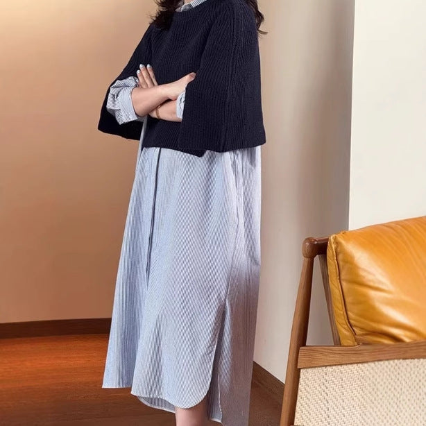 Damen Langes Hemdblusenkleid aus Popeline mit feiner Streifenstruktur, Kordel‑Taille und Seitenschlitzen Drune