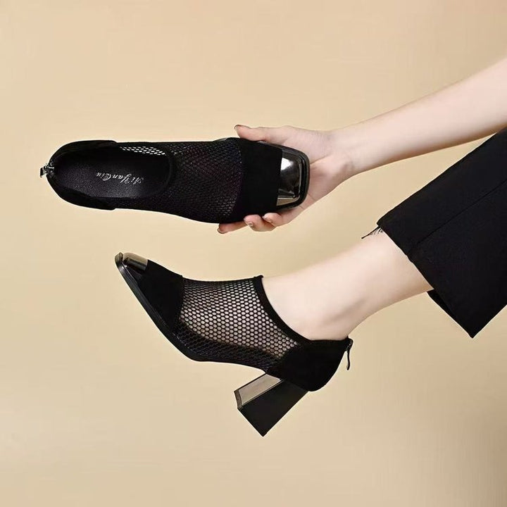 Damen Elegante Netz Pumps mit Blockabsatz Drune
