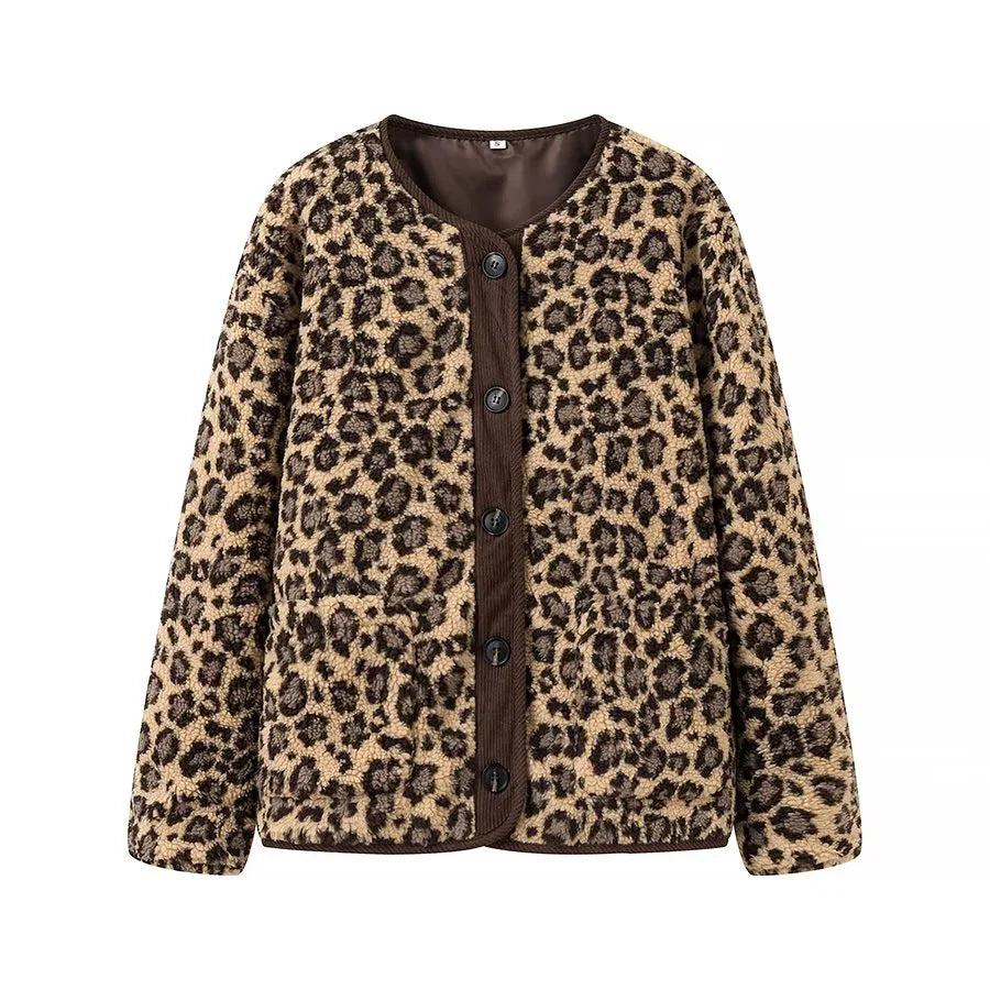 Damen nan Teddyjacke mit Leopardenmuster Knopfverschluss und Kordbesatz Drune