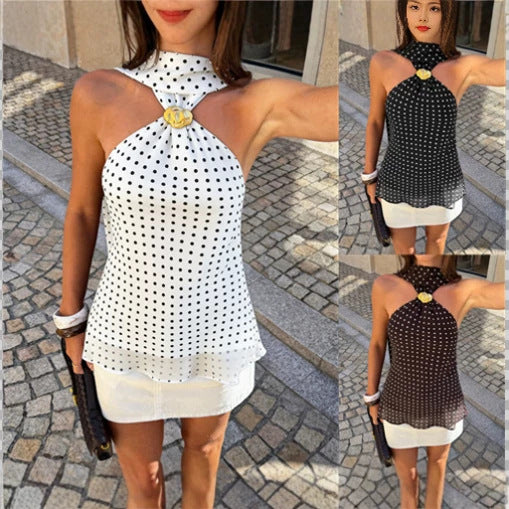 Damen Ärmelloses Neckholder-Top mit Polka-Dot und zierlicher Goldapplikation Drune