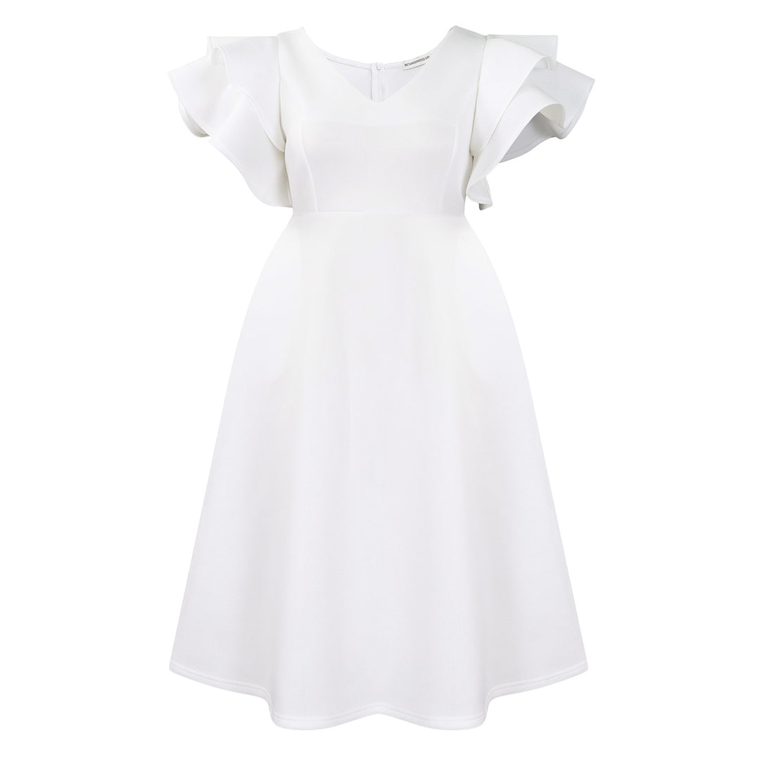 Damen Midi-Kleid mit voluminösen Rüschenärmeln und weit schwingendem Rock Drune