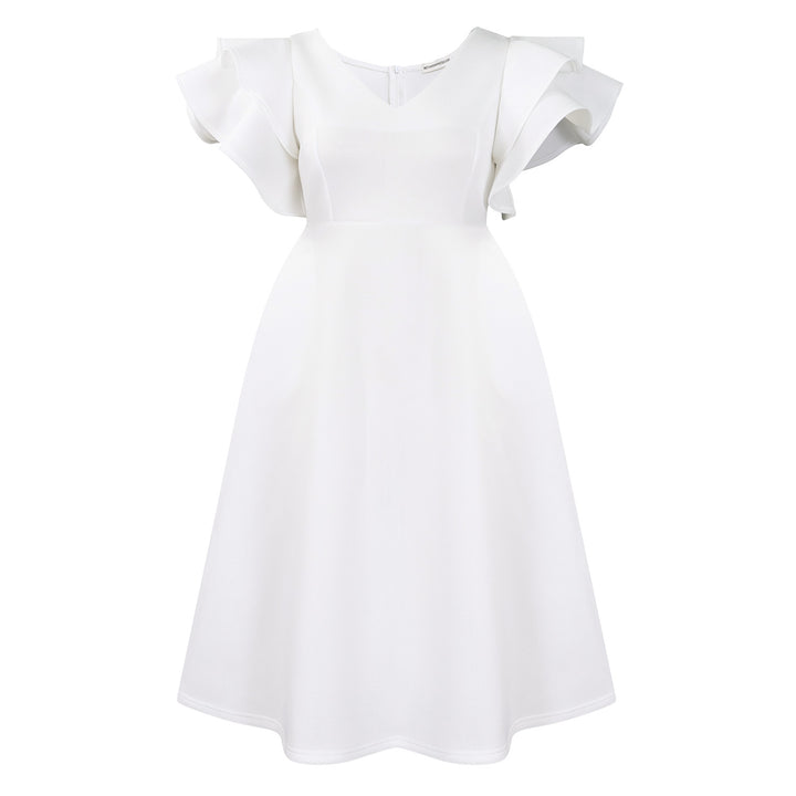 Damen Midi-Kleid mit voluminösen Rüschenärmeln und weit schwingendem Rock Drune