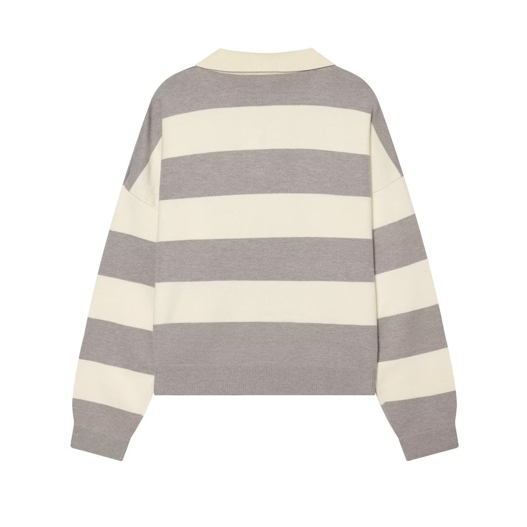 Damen Oversize Rugby-Pullover mit Polokragen und breiten Blockstreifen Drune