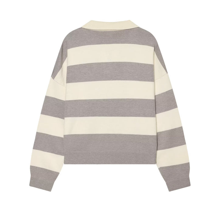 Damen Oversize Rugby-Pullover mit Polokragen und breiten Blockstreifen Drune