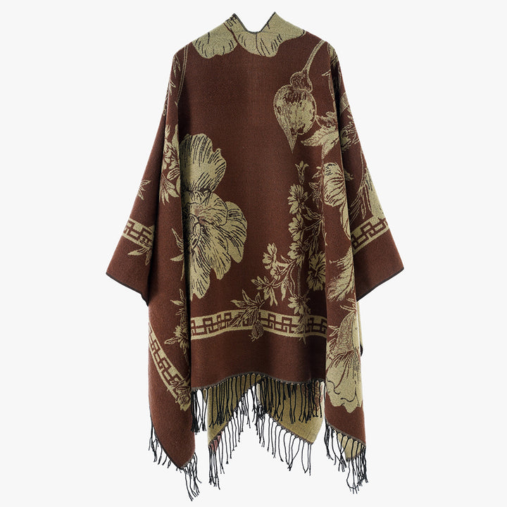 Damen Leichter Jacquard‑Poncho mit floralem Allovermuster, asymmetrischem Zipfelsaum und Fransen Drune
