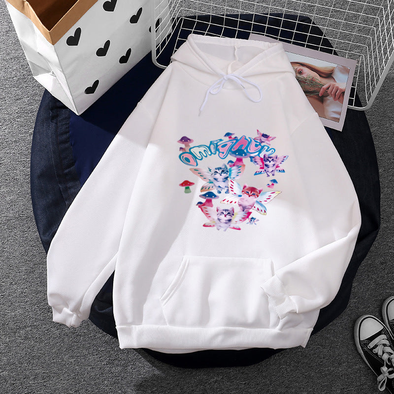 Damen nan Kapuzenpullover mit verspieltem Katzen‑Schmetterlings-Print und Kängurutasche Drune