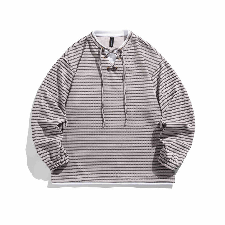 Unisex Gestreifter Waffelstruktur-Pullover mit Schnürverschluss und Raglanärmeln Drune