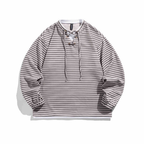 Unisex Gestreifter Waffelstruktur-Pullover mit Schnürverschluss und Raglanärmeln Drune