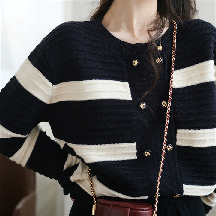 Damen Strickjacke mit dekorativen Knöpfen und gestreiftem Design Drune