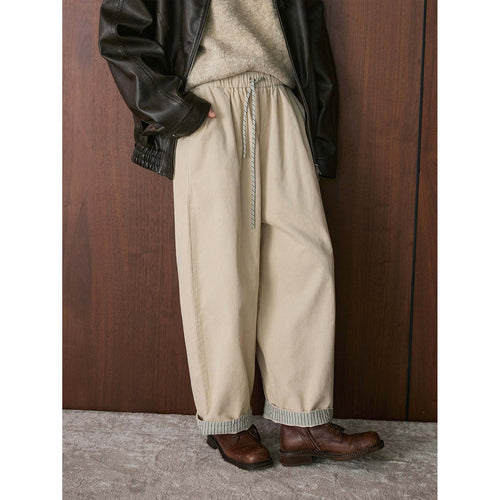 Damen Weite Cordhose mit elastischem Tunnelzugbund und umgeschlagenem Kontrastumschlag Drune