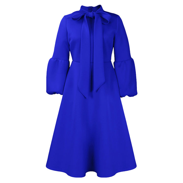 Damen Midi-Dress mit langen Puffärmeln und eleganter Schleife Drune