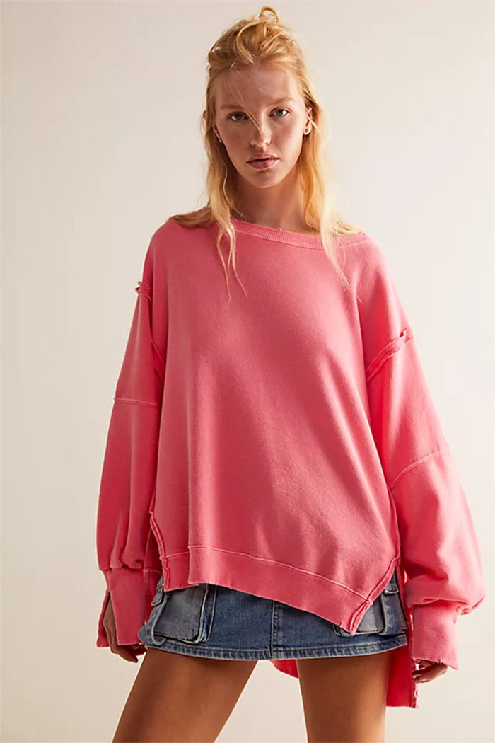 Damen oversized Sweatshirt mit Ballonärmeln, offenen Saumnähten und seitlichen Schlitzen Drune