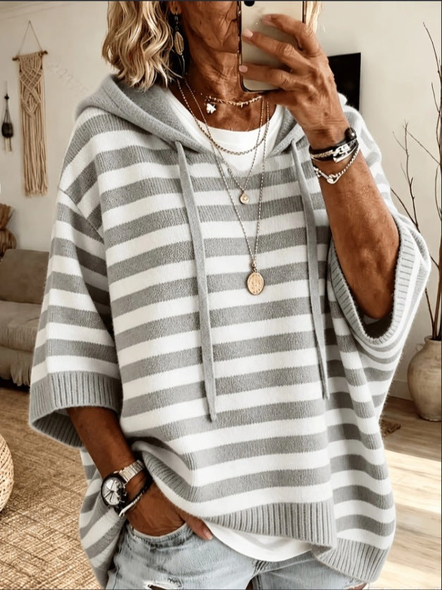 Damen nan Oversize Strickponcho mit Kapuze und kurzen Ärmeln Drune