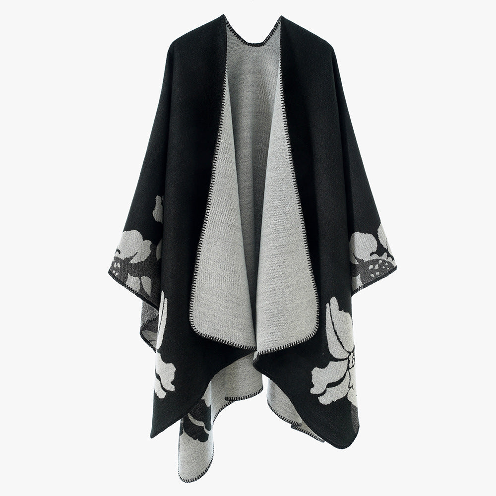 Damen Wendbarer Wollmix-Cape mit floralem Jacquard und offenem Fall Drune
