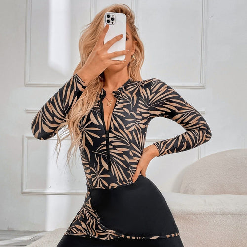 Damen Sportlicher Langarm-Badeanzug mit floralem Muster Drune