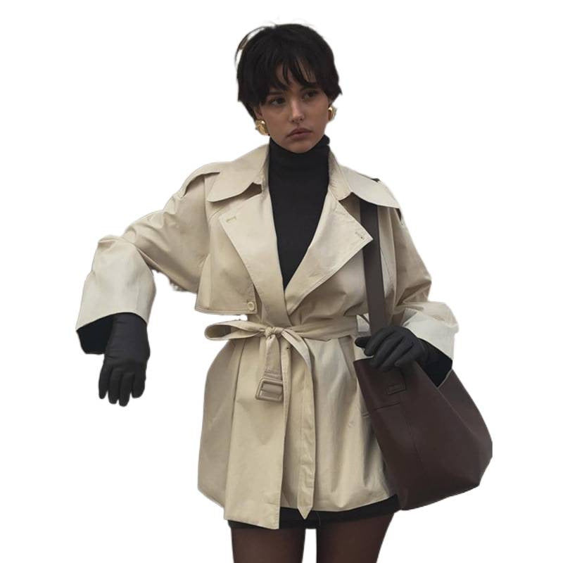Damen Kurzer Taillierter Trench mit Cape-Überwurf und Bindegürtel Drune
