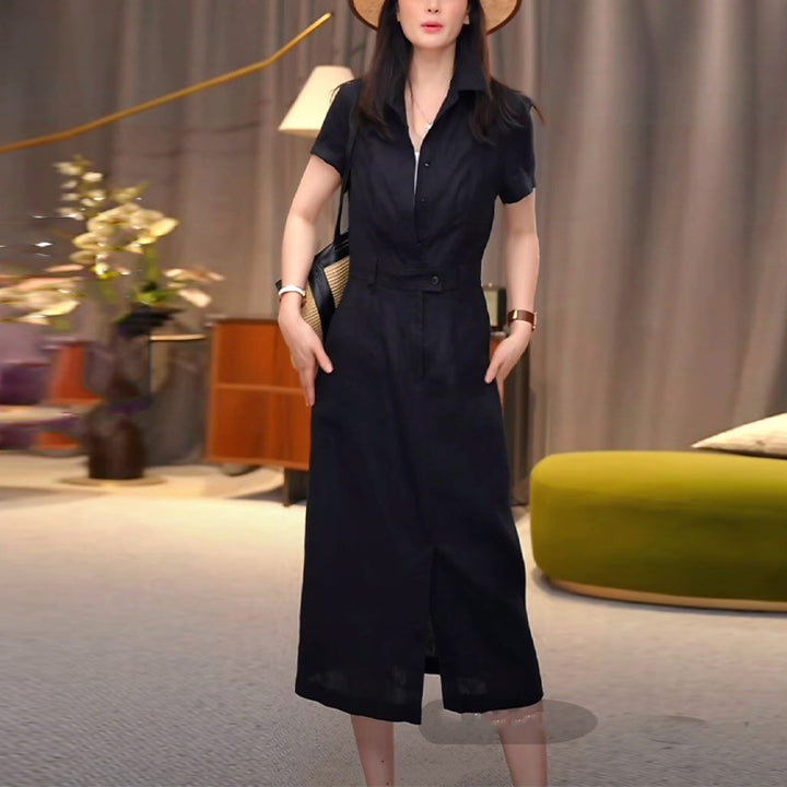 Damen Tailliertes Hemdblusen-Midikleid mit verdeckter Knopfleiste und Taillenpassante Drune