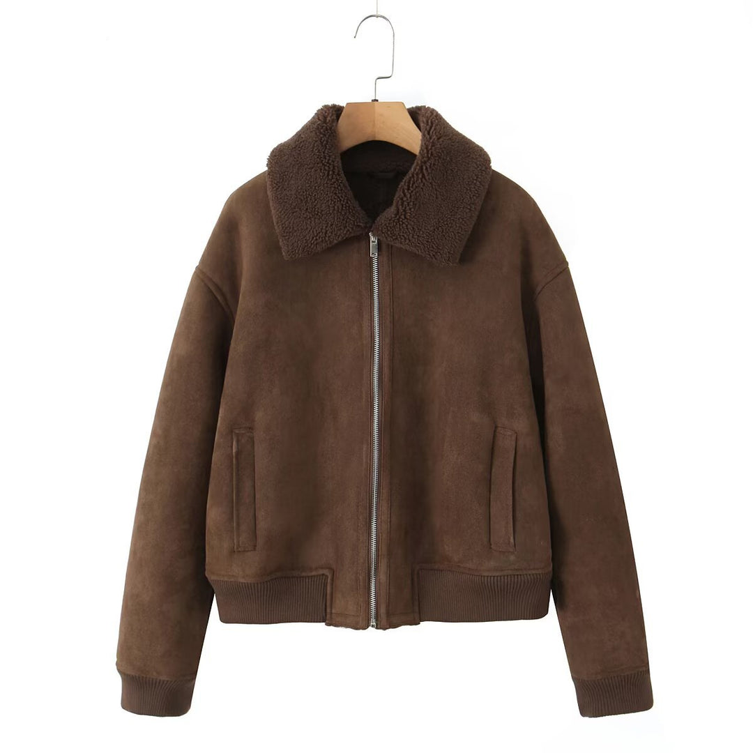 Damen Kurz geschnittene Teddy-gefütterte Wildlederoptik-Fliegerjacke mit Reißverschluss Drune