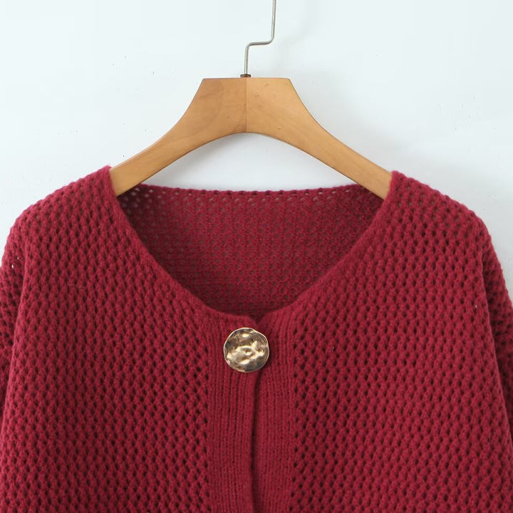 Damen luftige Strickjacke mit dekorativem Knopfverschluss und praktischen Taschen Drune