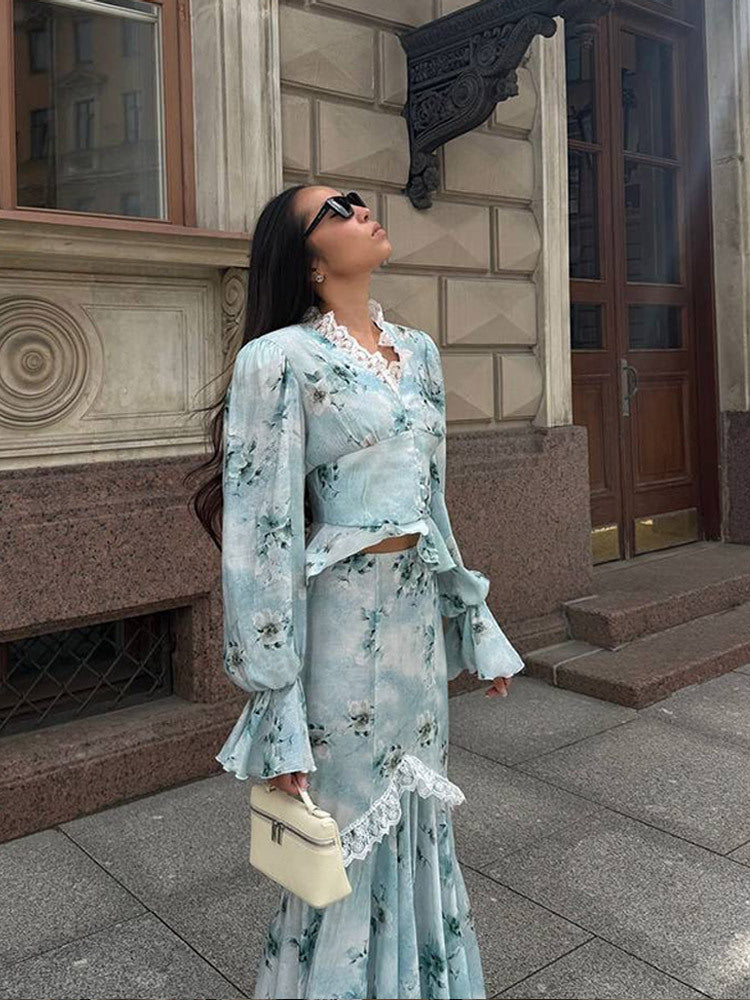 Damen Zweiteiliges Maxikleid-Set mit Korsagenoberteil, Volantärmeln und Spitzenbesatz Drune