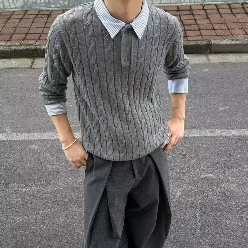 Herren Kabelstrickpullover mit Hemdkragen-Layering-Effekt Drune
