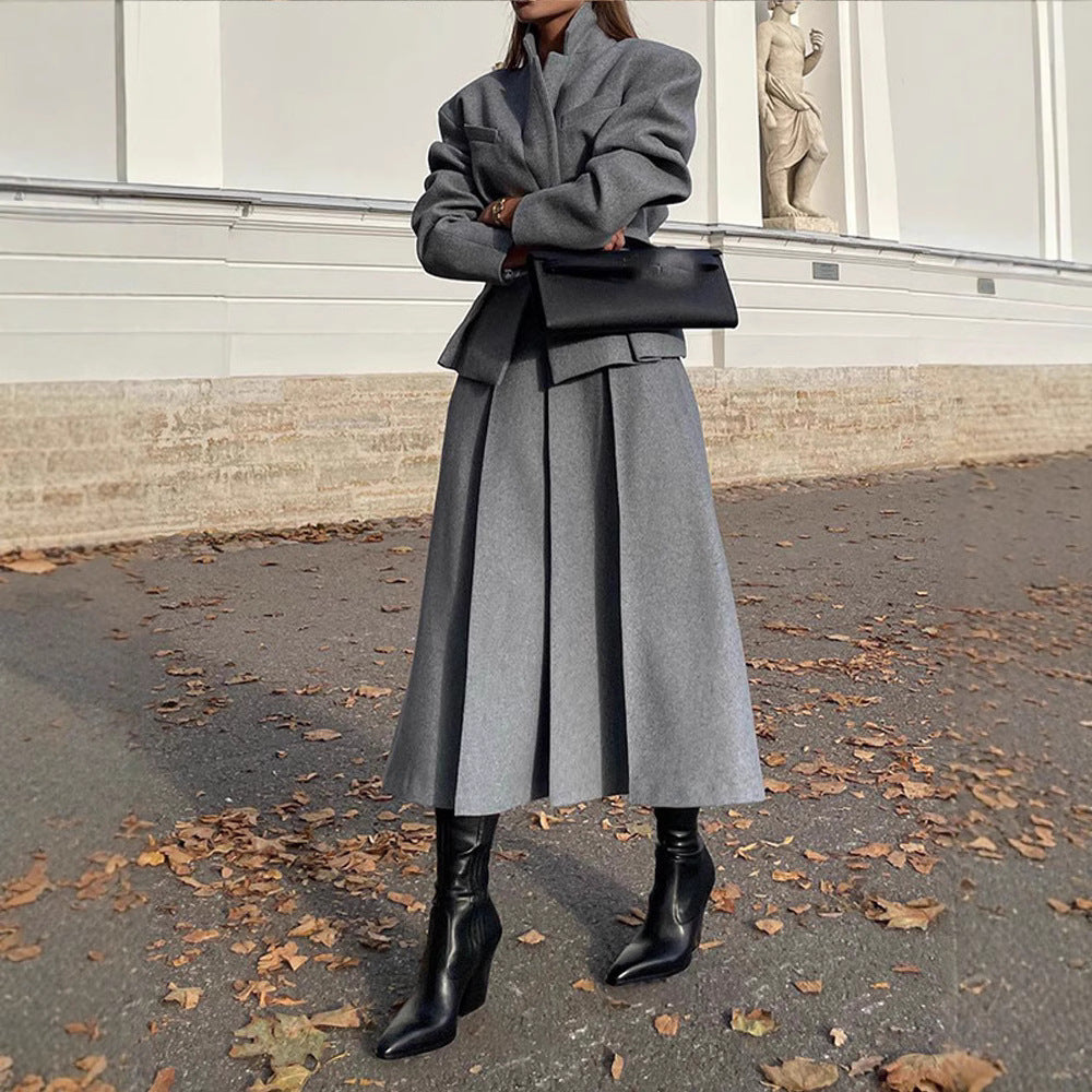 Damen elegante Oversize-Jacke mit hohem Kragen und strukturierten Ärmeln Drune