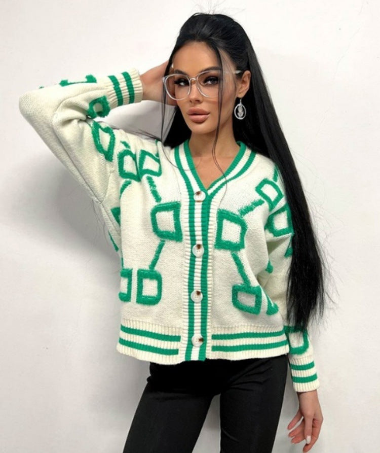 Damen kurz geschnittener Strickcardigan mit geometrischem Muster und Knopfdetails Drune
