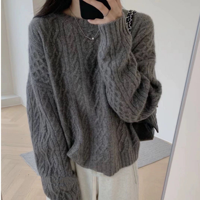 Damen Oversize Zopfmuster‑Pullover mit Rundhalsausschnitt und lässiger Schulterpartie Drune