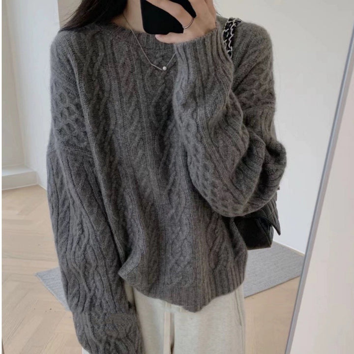 Damen Oversize Zopfmuster‑Pullover mit Rundhalsausschnitt und lässiger Schulterpartie Drune