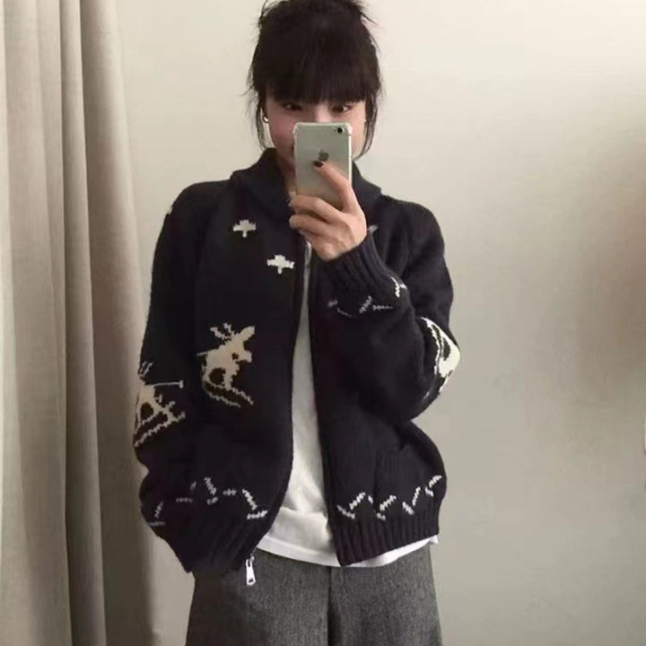 Damen Kuschelige Strickjacke mit tierischem Muster und Reißverschluss Drune