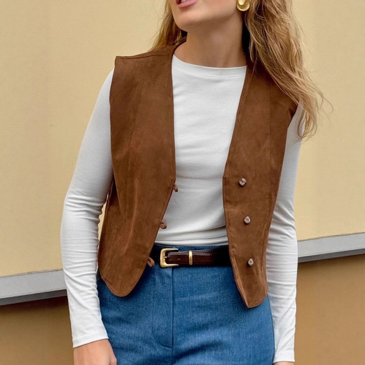 Damen Modische Wildlederweste mit eleganten Knopfdetails Drune