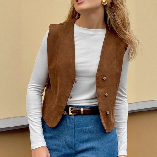 Damen Modische Wildlederweste mit eleganten Knopfdetails Drune