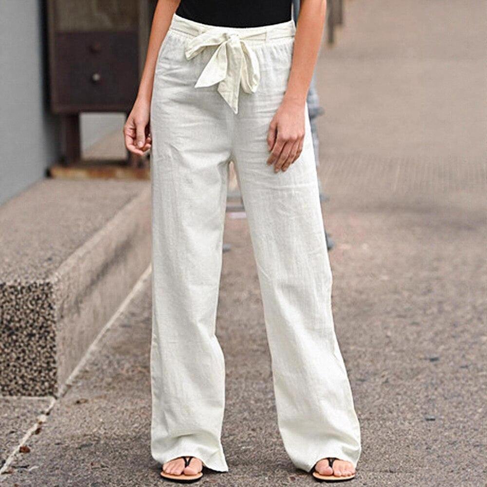 Damen Weite Lounge-Hose mit hohem Gummibund und dekorativem Bindeband Drune