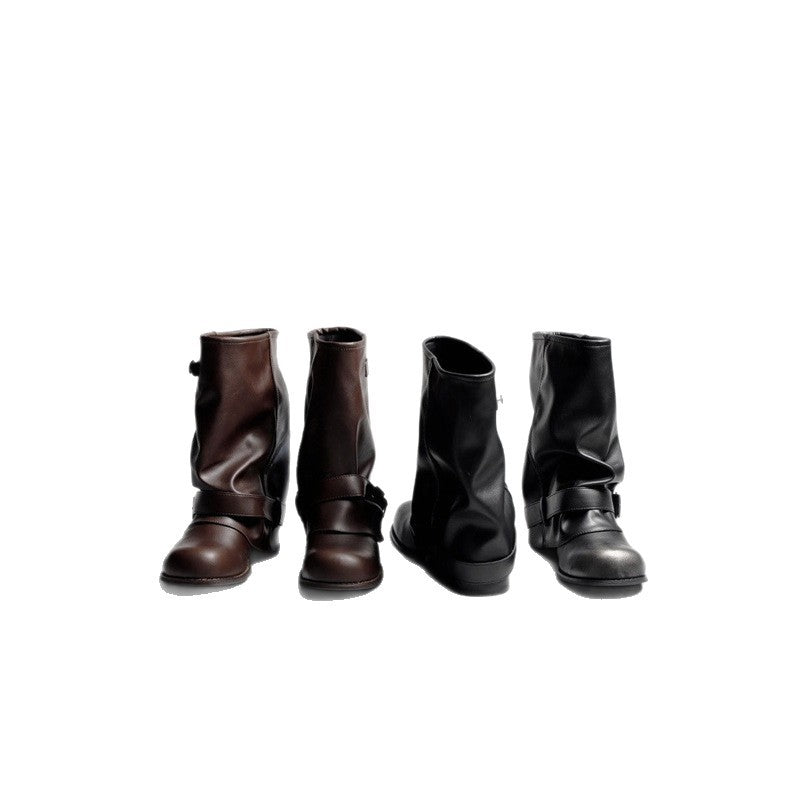 Damen Slouch‑Bikerstiefel mit gerafftem Schaft, Zierschnalle und flachem Profilabsatz Drune