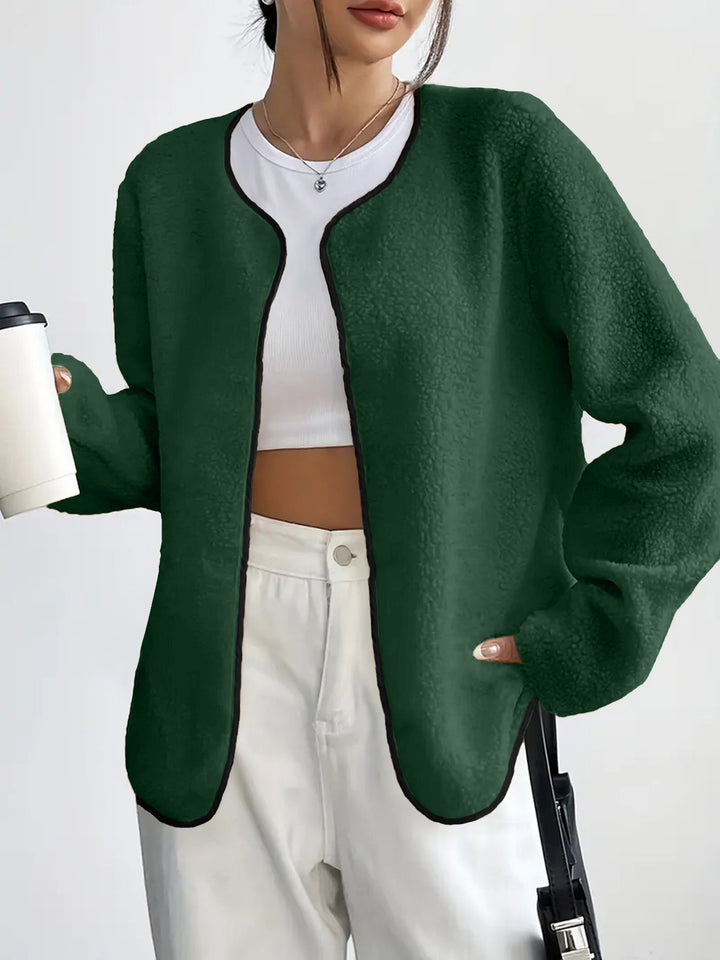 Damen Kurzjacke Teddy-Fleece Cardigan ohne Verschluss mit Rundhals Drune