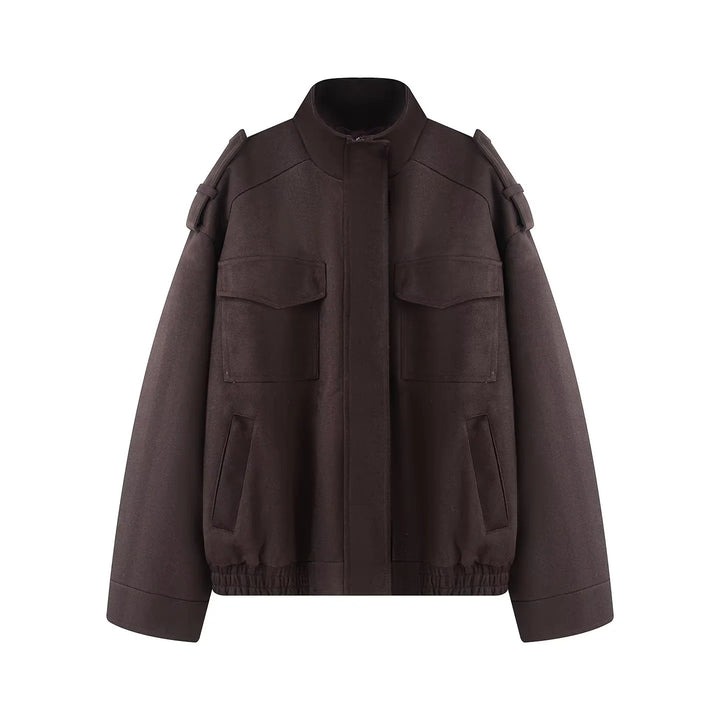 Damen nan kastiger Wollmix-Bomber mit Schulterklappen, Pattentaschen und elastischem Saum Drune