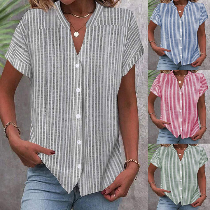 Damen Kurzarm-Bluse mit V-Ausschnitt und Streifenmuster Drune
