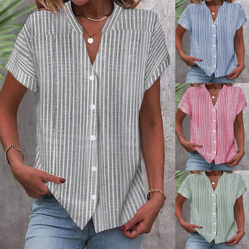 Damen Kurzarm-Bluse mit V-Ausschnitt und Streifenmuster Drune