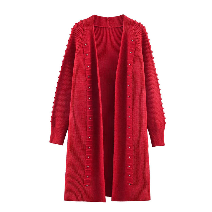 Damen Longline Strickcardigan mit Perlenbesatz und Rippbündchen Drune