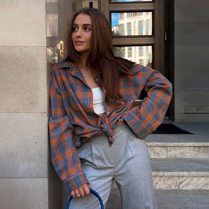 Damen Karo Oversize Flanellhemd Bluse mit Druckknopfblende und Hemdkragen Drune