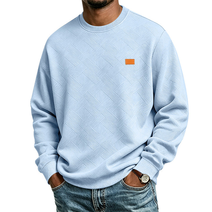 Unisex Texturierter Baumwoll-Crewneck-Sweatshirt mit Rautenstruktur und Lederpatch Drune