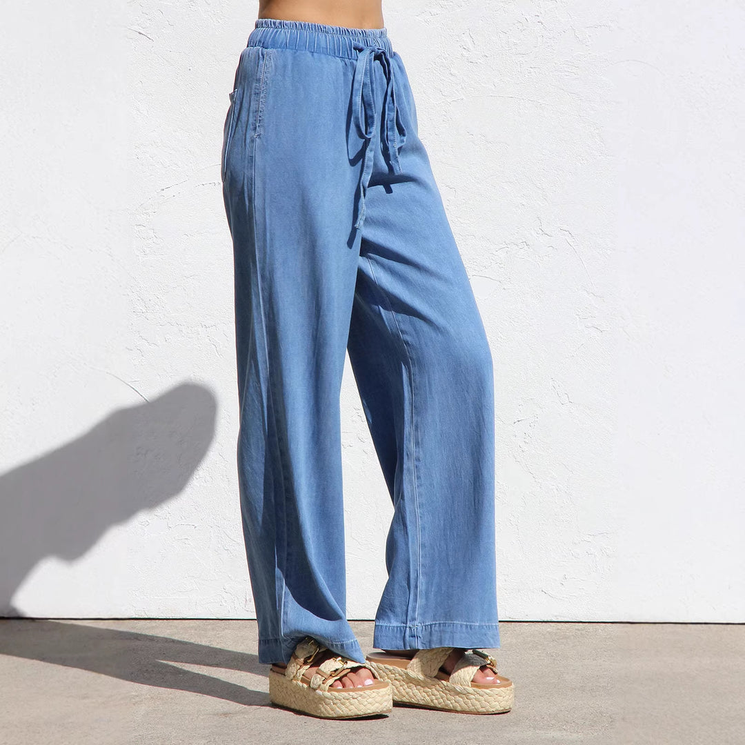 Damen nan weite Leinen-Optik Sommerhose mit elastischem Bund, Kordelzug und Seitentaschen Drune